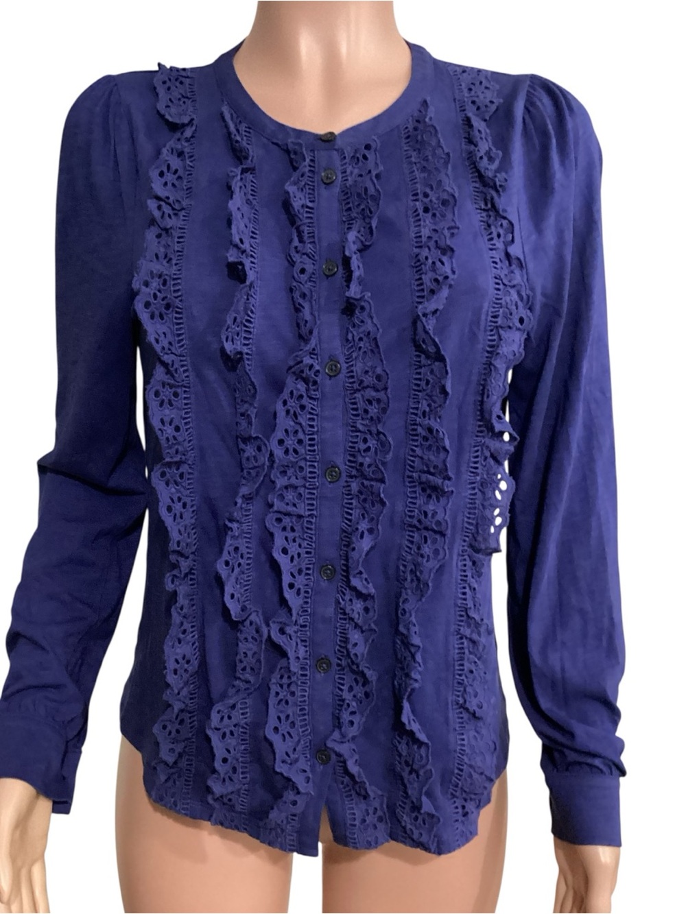Boden Broderie Ruffled Eyelet Button-Front Navy Blue Jersey Top Size 6